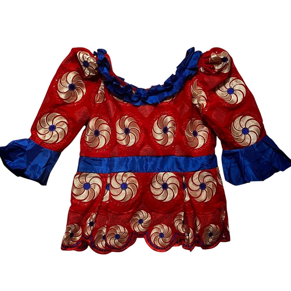 African Bazin Ruffle Puff Sleeve Blouse Red Blue Handmade Statement Top 24 Inch
